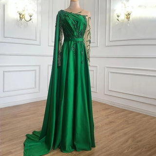 Arabic One Shoulder Olive Green Muslim Evening Dress with Cape: Long Sleeves Women Wedding Party Gowns Elegant Plus Size