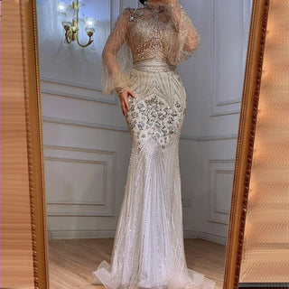 Ships in 1 to 3 Days - Silver Mermaid Luxury Evening Dress with Full Sleeves - Beaded Elegant Gown for Women Party 2024