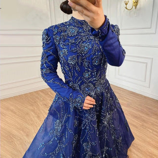 Luxury Dubai Navy Blue Muslim Evening Dress: Elegant Midi Arabic Formal Dress for Women's Wedding Party 2024