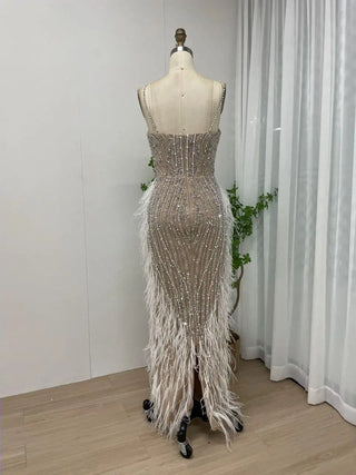 Ships in 1 to 3 Days - Stunning Champagne Mermaid Evening Dress - Luxury V-Neck Beaded Feathers with Cape Sleeves for Women’s Wedding Parties in Dubai