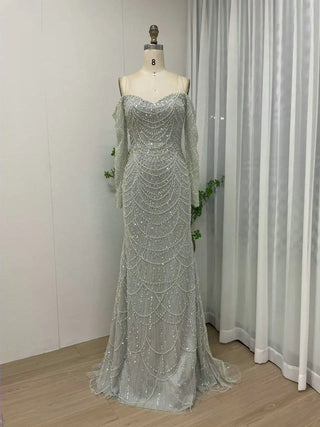 Dubai Luxury Beaded Off-Shoulder Mermaid Evening Dress - Arabic Elegant Strapless Long Sleeves Gown for Weddings and Prom