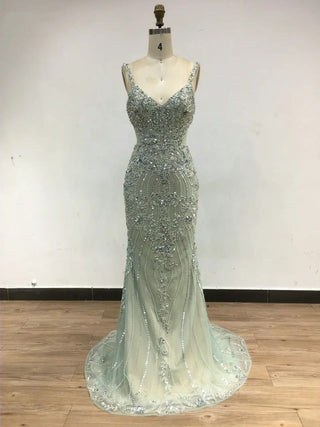 Ships in 1 to 3 Days - Stunning Green Off-Shoulder Mermaid Evening Gown - Luxury Spaghetti Straps Beaded Dress for Ladies' Formal Events