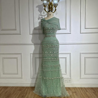 Sage Green Beaded Mermaid Evening Gown with Long Back Cape