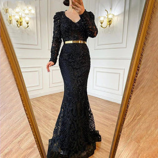 Ships in 1 to 3 Days - Navy Blue Mermaid Lace Beaded Muslim Luxury Evening Dresses 2024 - Elegant Gowns for Women's Party