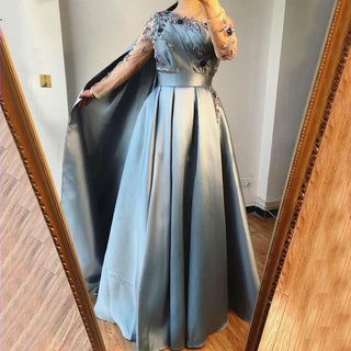 Dubai Blue O-Neck Beading Sexy Evening Dress Design 2024: A-Line Satin Long Sleeves Formal Dress