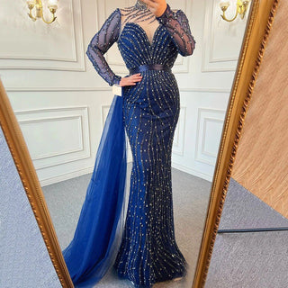 Ships in 1 to 3 Days - Luxury Navy Blue Mermaid Dubai Evening Dress with Detachable Skirt: Long Sleeve Arabic Formal Gown for Women's Wedding Party