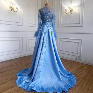 Blue Muslim Evening Dress: Detachable Skirt, Feathers, Beaded Luxury, and Mermaid Silhouette for Women's Party in 2024