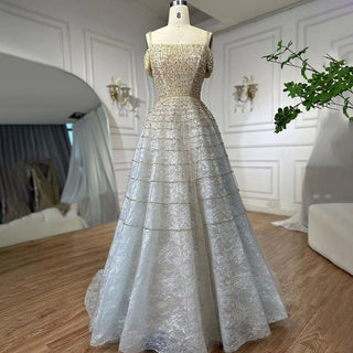 Ships in 1 to 3 Days - Silver Off-Shoulder Short Sleeve Evening Dress 2024 - Dubai A-Line Beading Diamond Evening Gown