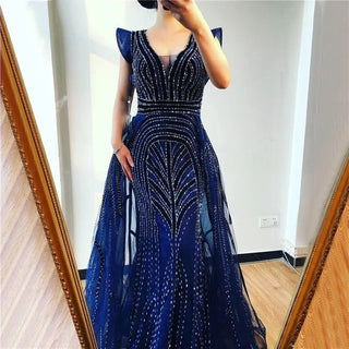 Dubai Decadence: Deep-V Crystal Gown with Heavy Beading – 2024 Sexy Luxury Plus Size Evening Wear