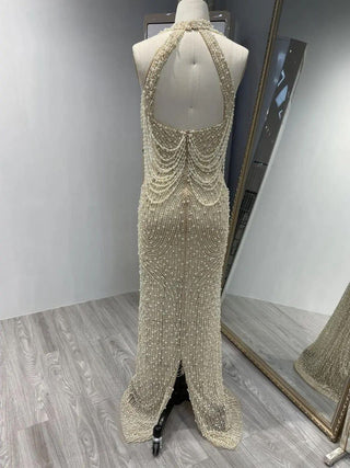 Ivory Mermaid Evening Gown - Gorgeous Pearls and Tassel Split Dress with Halter Backless Design for Weddings and Parties