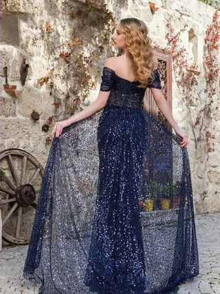 Stunning Off-Shoulder Pleated Mermaid Blue Evening Gown - Gorgeous Shiny Sequin Prom Dress with Boning for Women’s Parties