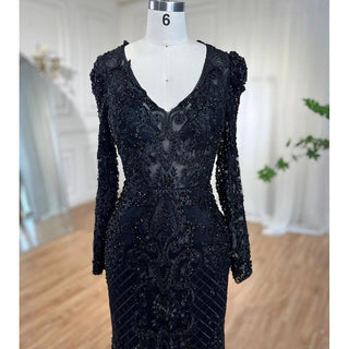 Ships in 1 to 3 Days - Navy Blue Mermaid Lace Beaded Muslim Luxury Evening Dresses 2024 - Elegant Gowns for Women's Party