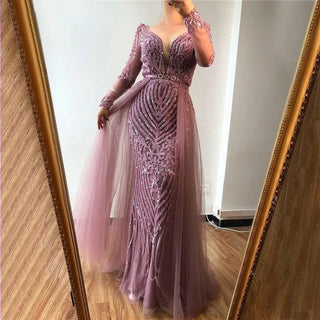 Muslim Pink Elegant Long Sleeves Mermaid with Detachable Train Evening Dress Gown For Women