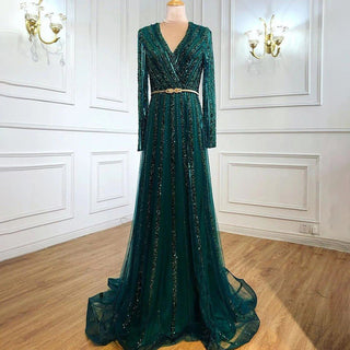 Green Muslim Luxury Evening Gown 2024 - Elegant Long Sleeves Beaded Dress for Women's Party