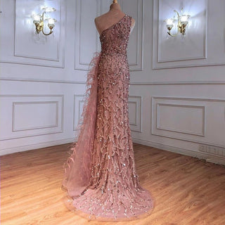 Elegant Rose: 2024 One-Shoulder Split Evening Dress with Mermaid Silhouette, Beading, and Feathers