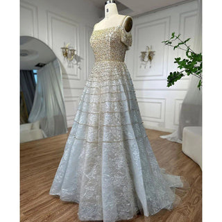 Ships in 1 to 3 Days - Silver Off-Shoulder Short Sleeve Evening Dress 2024 - Dubai A-Line Beading Diamond Evening Gown