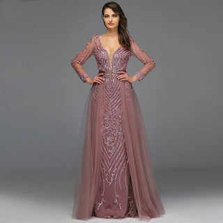 Muslim Pink Elegant Long Sleeves Mermaid with Detachable Train Evening Dress Gown For Women