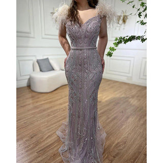 Lilac Luxury Mermaid Evening Gown 2024: Elegant Feathers, Beaded for Women's Party