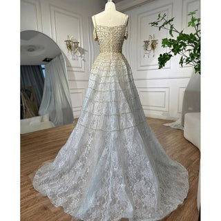 Silver Off-Shoulder Short Sleeve Evening Dress 2024 - Dubai A-Line Beading Diamond Evening Gown