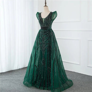 Dubai Decadence: Deep-V Crystal Gown with Heavy Beading – 2024 Sexy Luxury Plus Size Evening Wear