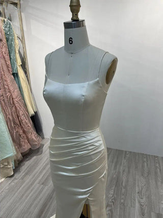 Cream Satin Mermaid Evening Gown - Sexy Split Dress with Spaghetti Straps for Wedding Guests and Parties