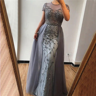 Dubai Crystal Short Sleeve Mermaid Evening Dress - 2024 Luxury Sexy Formal Gown