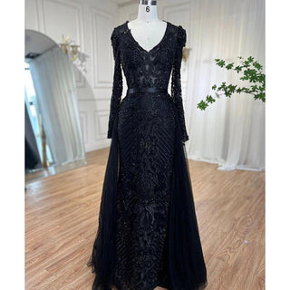 Ships in 1 to 3 Days - Navy Blue Mermaid Lace Beaded Muslim Luxury Evening Dresses 2024 - Elegant Gowns for Women's Party