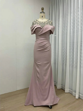 Pink Modest Mermaid O-Neck Satin Evening Gown - Crystal Rhinestones Short Sleeves for Women’s Wedding and Formal Parties