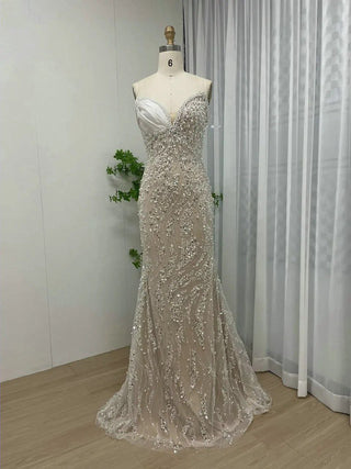 Gorgeous White Strapless Evening Dress - Pleated Rhinestones Mermaid Princess Gown for Women’s Wedding Parties in Dubai