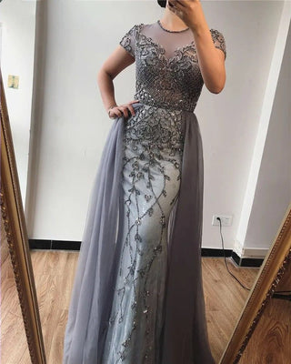 Dubai Crystal Short Sleeve Mermaid Evening Dress - 2024 Luxury Sexy Formal Gown