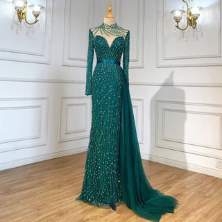 Ships in 1 to 3 Days - Luxury Navy Blue Mermaid Dubai Evening Dress with Detachable Skirt: Long Sleeve Arabic Formal Gown for Women's Wedding Party