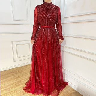 Chic Wine Red Muslim Luxury A-Line Evening Dress - 2024 Sparkle Beaded Gown for Women's Party