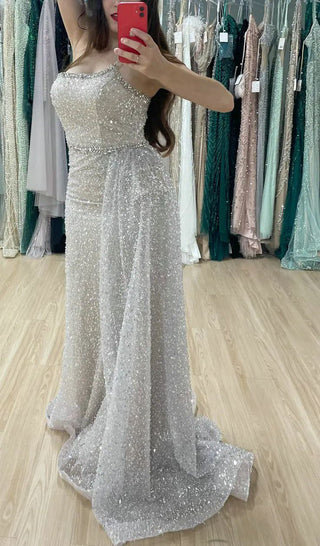 One-Shoulder Spaghetti Straps Glitter Mermaid Prom Gown with Side Train - Luxury Sequined Evening Dress for Wedding Parties