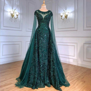 Ships in 1 to 3 Days - Arabic Black Luxury 2024 Lace Beaded Cape Sleeves Mermaid Evening Gown: Elegant Attire for Women's Wedding Party