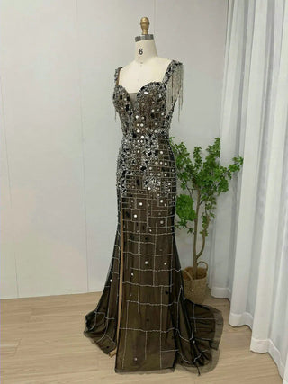 Gorgeous Mermaid Beaded Tassel Evening Dress - Celebrity Style High Split Backless Gown for Women in Dubai