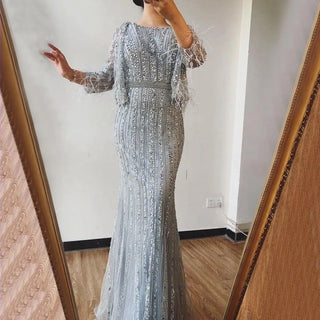 Dubai Grey Diamond Mermaid Long Sleeves Beaded Luxury Evening Gown - Perfect for Women's Party