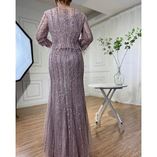 Dubai Grey Diamond Mermaid Long Sleeves Beaded Luxury Evening Gown - Perfect for Women's Party