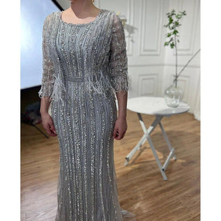 Dubai Grey Diamond Mermaid Long Sleeves Beaded Luxury Evening Gown - Perfect for Women's Party