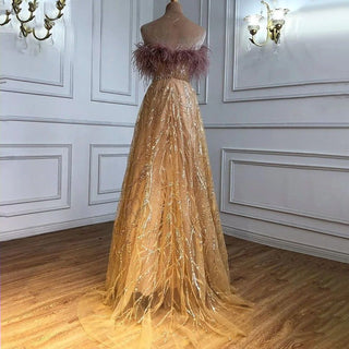 Gold Luxury Strapless Evening Dresses Gowns 2024 Beading Feathers Sexy A-Line For Women Party