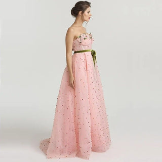 Pink Beaded Pearls Evening Gown 2024 - Long Formal Party Prom Dress with Sashes