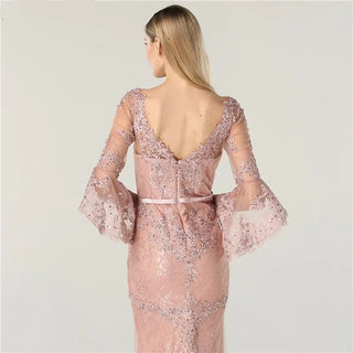 Pink Lace Diamond Evening Gown 2024 - Long Sleeve V-Neck Sexy Dress for Women