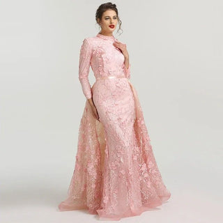 Muslim Romantic Pink Long Sleeves Evening Dress 2024 - High Neck Handmade Flowers Evening Gown