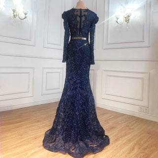 Ships in 1 to 3 Days - Navy Blue Mermaid Lace Beaded Muslim Luxury Evening Dresses 2024 - Elegant Gowns for Women's Party