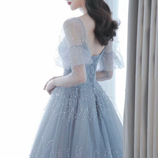 Ships in 1 to 3 Days - Blue Beading Pearls Evening Dress 2024: Long Puff Sleeves Sexy Women Formal Party Wear Ball Gown