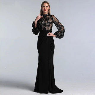 Black Long Sleeves Mermaid Evening Dress - High Neck Sequined Illusion Formal Gown for 2024