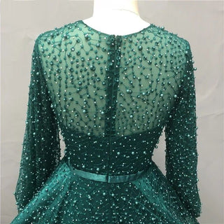 Dubai Green Pearls Long Sleeve Evening Dress - 2024 Tulle Luxury Beach Gown