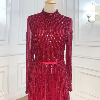 Chic Wine Red Muslim Luxury A-Line Evening Dress - 2024 Sparkle Beaded Gown for Women's Party