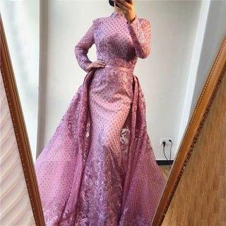 Muslim Pink High Collar Evening Dress 2024 - Handmade Flowers Long Sleeves Mermaid Gown