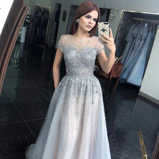 Sophisticated Silver A-Line Tulle Evening Dress - 2024 Dubai Design with Short Sleeves and Beading