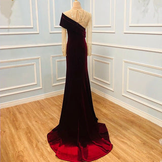 Ships in 1 to 3 Days - Muslim Wine Red Velvet Luxury Evening Gown 2024 - Elegant Mermaid Style with Beading for Women's Party